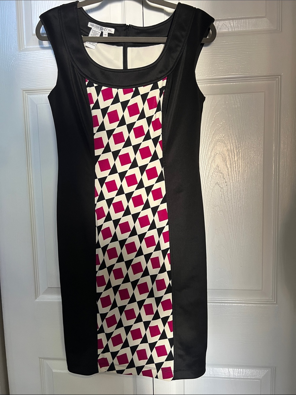 Maggy London Black Midi Dress with Fuchsia and White Geometric Panel